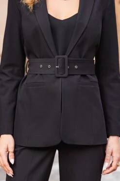 Black Belted Tuxedo Blazer Jacket -Sosandar Fashion Store web 02 a22ow022bk0001 s23bw011bk0001 439