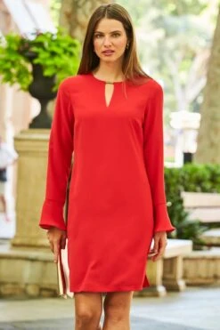 Red Gold Tab Detail Fluted Sleeve Shift Dress 12 Red Gold Tab Detail Fluted Sleeve Shift Dress -Sosandar Fashion Store web 02 s22dw053rd0017 123