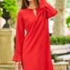 Red Gold Tab Detail Fluted Sleeve Shift Dress -Sosandar Fashion Store web 02 s22dw053rd0017 145