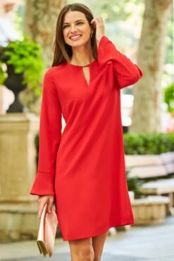 Red Gold Tab Detail Fluted Sleeve Shift Dress