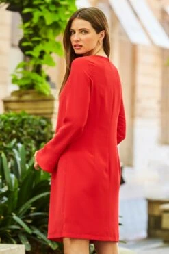 Red Gold Tab Detail Fluted Sleeve Shift Dress 11 Red Gold Tab Detail Fluted Sleeve Shift Dress -Sosandar Fashion Store web 02 s22dw053rd0017 182