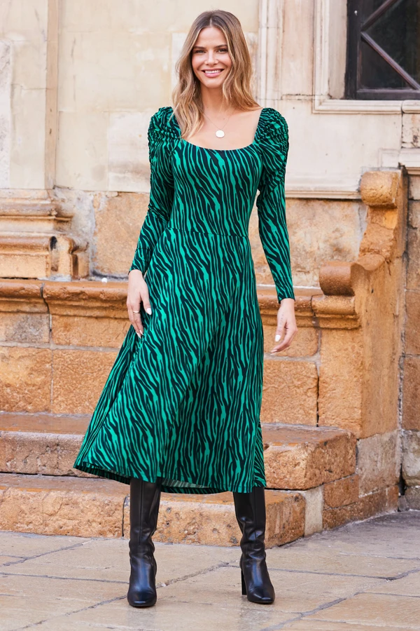 Green Animal Print Square Neck Jersey Midi Dress 3 Green Animal Print Square Neck Jersey Midi Dress