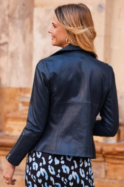 Navy Blue Leather Biker Jacket -Sosandar Fashion Store web 04 a23dj004ldbe01 345 rt