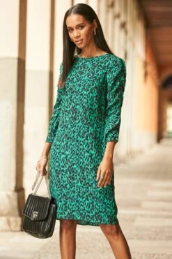 Forest Green Animal Print Ruched Sleeve Shift Dress 8 Forest Green Animal Print Ruched Sleeve Shift Dress -Sosandar Fashion Store web 04 s22dw006gran 062