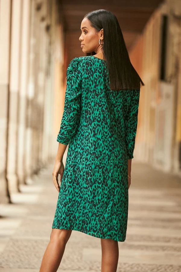 Forest Green Animal Print Ruched Sleeve Shift Dress 5 Forest Green Animal Print Ruched Sleeve Shift Dress - Image 3