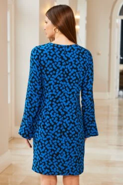 Blue & Black Spot Print Tab Detail Shift Dress -Sosandar Fashion Store web 04 s23dj003pimm01 124