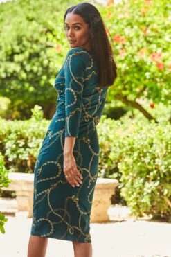 Green & Gold Chain Print Knot Front Midi Jersey Dress -Sosandar Fashion Store web 06 a22dw031blan 309