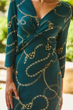 Green & Gold Chain Print Knot Front Midi Jersey Dress -Sosandar Fashion Store web 06 a22dw031blan 346