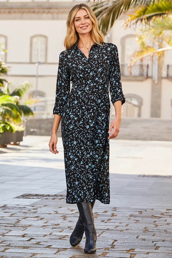 Black & Blue Ditsy Floral Print Midi Shirt Dress 4 Black & Blue Ditsy Floral Print Midi Shirt Dress - Image 2