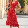 Red & White Spot Print Short Sleeve Jersey Maxi Dress