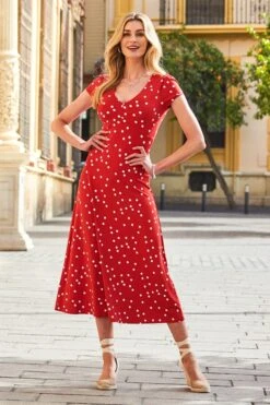 Red & White Spot Print Short Sleeve Jersey Maxi Dress