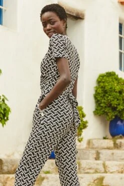 Black & White Geometric Print Wrap Front Jumpsuit -Sosandar Fashion Store web 07 s22jj028bkge01 131