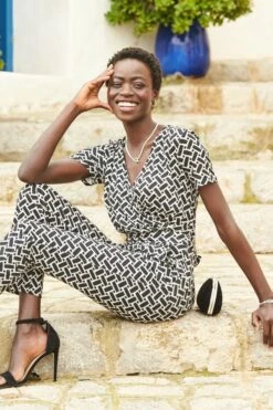 Black & White Geometric Print Wrap Front Jumpsuit -Sosandar Fashion Store web 07 s22jj028bkge01 235