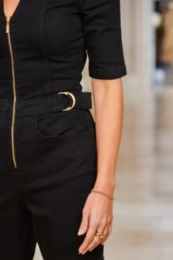 Black Zip Front Wide Leg Denim Jumpsuit -Sosandar Fashion Store web 08 s23jd002bk0001 098 1