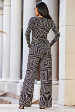 Black & White Geometric Print Wrap Front Wide Leg Jumpsuit With Pockets -Sosandar Fashion Store web 09 a20jj004nege01 132 rt