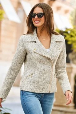 Natural Boucle Biker Jacket With Gold Zip Detail 9 Natural Boucle Biker Jacket With Gold Zip Detail -Sosandar Fashion Store web 09 s25ow032bkwe01 128 rt2