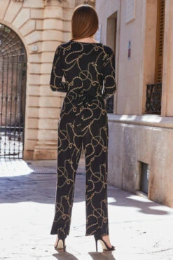 Black & Gold Chain Print Wrap Front Wide Leg Jumpsuit With Pockets -Sosandar Fashion Store web 100 a20jj004 141