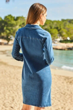 Mid Blue Denim Button Front Shift Dress -Sosandar Fashion Store web 100 s22dd020be0010 144