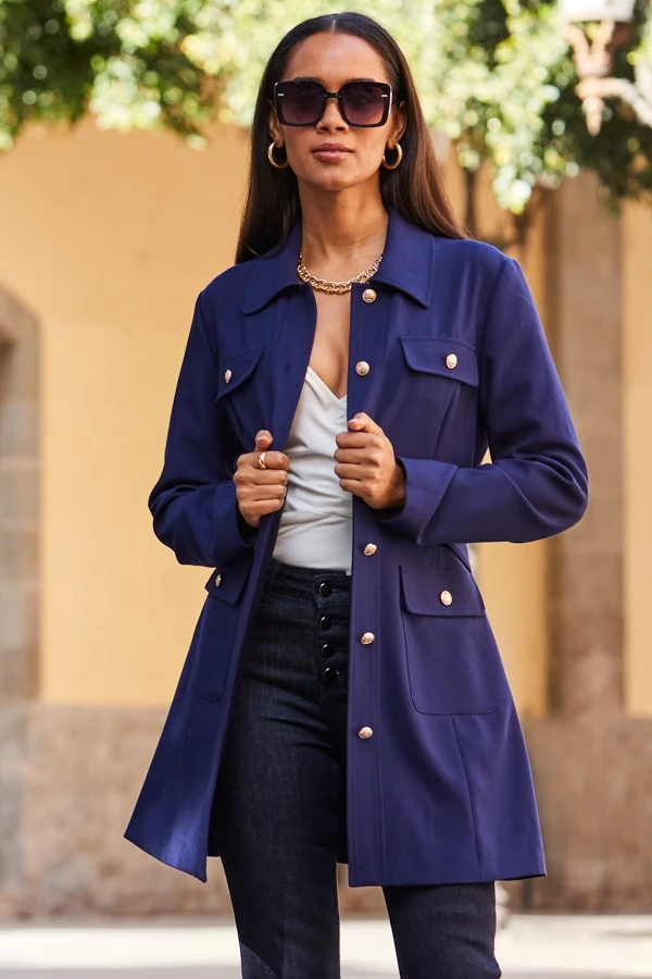 Navy Blue Belted Coat With Gold Button Detail 5 Navy Blue Belted Coat With Gold Button Detail - Image 3
