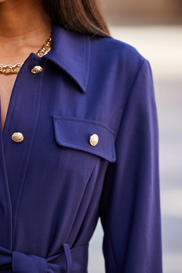 Navy Blue Belted Coat With Gold Button Detail 7 Navy Blue Belted Coat With Gold Button Detail - Image 5