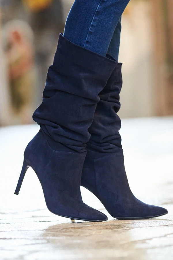 Navy Blue Belle Suede Heeled Slouch High Leg Boot 3 Navy Blue Belle Suede Heeled Slouch High Leg Boot