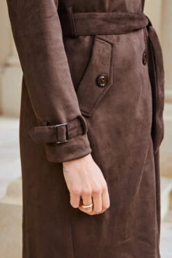 Chocolate Faux Suede Belted Trench Coat 10 Chocolate Faux Suede Belted Trench Coat -Sosandar Fashion Store web 10 a23tk654nl0006 a20bp009pt0004 s23op007pt0004 293