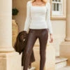 Chocolate Brown Leather Look Seam Detail Premium Leggings