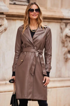 Mocha Brown Faux Leather Belted Trench Coat 18 Mocha Brown Faux Leather Belted Trench Coat -Sosandar Fashion Store web 10 aop007be0040 a19tk090bk0001 0
