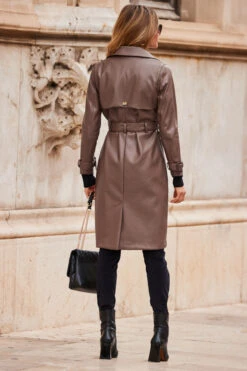 Mocha Brown Faux Leather Belted Trench Coat 19 Mocha Brown Faux Leather Belted Trench Coat -Sosandar Fashion Store web 10 aop007be0040 a19tk090bk0001 155