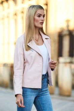 Soft Pink Leather Biker Jacket -Sosandar Fashion Store web 115 s21tj211we0001 sa17or01pk0020 086