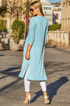 Aqua Blue Metallic Super Sparkly Longline Cardigan -Sosandar Fashion Store web 116 a21tk569be0060 a21tk562be0060 156 rc