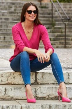 Hot Pink Wide Rib V Neck Jumper -Sosandar Fashion Store web 11 a22tk490pk0013 119