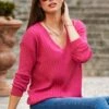 Hot Pink Wide Rib V Neck Jumper -Sosandar Fashion Store web 11 a22tk490pk0013 189