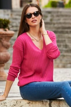 Hot Pink Wide Rib V Neck Jumper