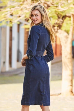Dark Indigo Zip Front Belted Denim Dress -Sosandar Fashion Store web 11 s22dd005io 115 rt