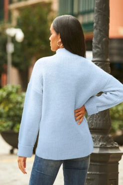 Pale Blue High Neck Folded Cuff Jumper -Sosandar Fashion Store web 12 a19ol004pt0004 246 rt3