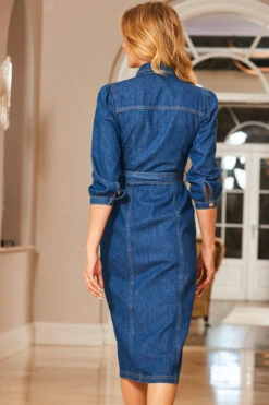 Mid Blue Denim Belted Popper Front Dress With Pockets -Sosandar Fashion Store web 12 s23dd012be0010 084