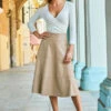 Ecru Leather Look Panelled A-Line Midi Skirt -Sosandar Fashion Store web 132 s20sp002pk0004 014 cream rt