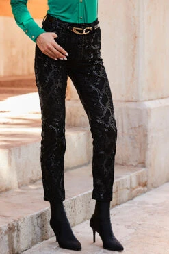 Black Textured Animal Print Coated Slim Leg Jeans