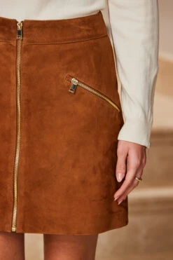 Tan Suede Zip Front A-Line Skirt -Sosandar Fashion Store web 14 s23sl004bn0006 s23od004io005w 091