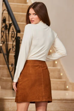 Tan Suede Zip Front A-Line Skirt -Sosandar Fashion Store web 14 s23sl004bn0006 s23od004io005w 113