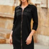 Black Zip Front Denim Shift Dress -Sosandar Fashion Store web 17 s21dd010io 111 rt