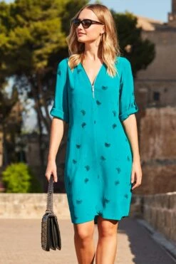 Green Dandelion Print Zip Front Shift Dress -Sosandar Fashion Store web 180707 sosandar july palma day21690 1