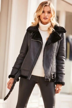 Black Faux Shearling Biker Jacket -Sosandar Fashion Store web 1809sosandar4595