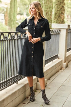 Black Denim Button Front Midi Dress -Sosandar Fashion Store web 18 a21dd001 057 black rt