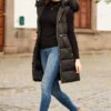 Black Faux Fur Trim Longline Tie Waist Padded Gilet -Sosandar Fashion Store web 18 s22ow005bk a21tk698bk 113 1