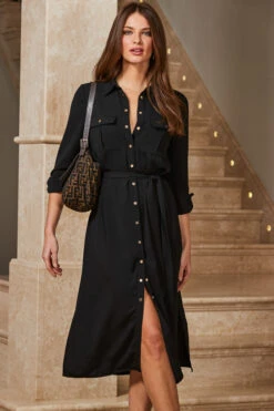 Black Belted Midi Shirt Dress