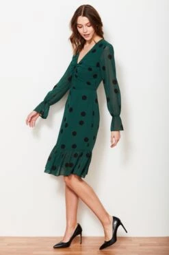 Green & Black Spot V Neck Fit & Flare Dress -Sosandar Fashion Store web 19 01 11 sosandar ecom jan day1 shot005 0185