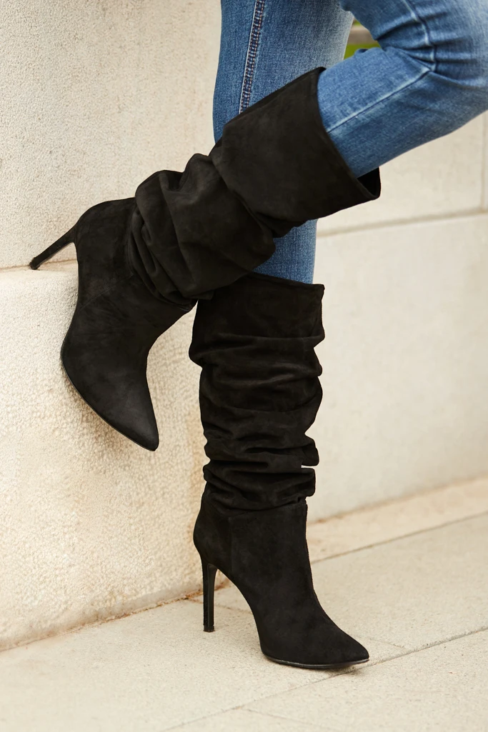 Belle Black Suede Heeled Slouch High Leg Boot 3 Belle Black Suede Heeled Slouch High Leg Boot