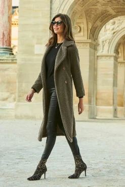 Khaki Green Super Cosy Longline Borg Coat -Sosandar Fashion Store web 1 a21ow001bn a20bd020bk 139 khaki green rt